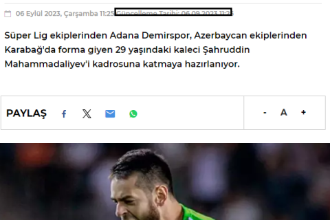 Media: Shahruddin Mahammadaliyev transferred to "Adana Demirspor"