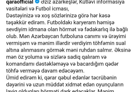 Qara Qarayevdən "Neftçi"nin qərarı ilə bağlı PAYLAŞIM - FOTO