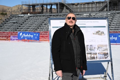 President Ilham Aliyev reviews works at “Lakeside” Hotel and Ski Club construction within Shahdag Tourism Complex - PHOTO