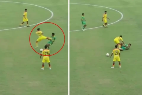 Rəqibinə uçaraq təpik atan futbolçu barədə qərar açıqlandı - VİDEO