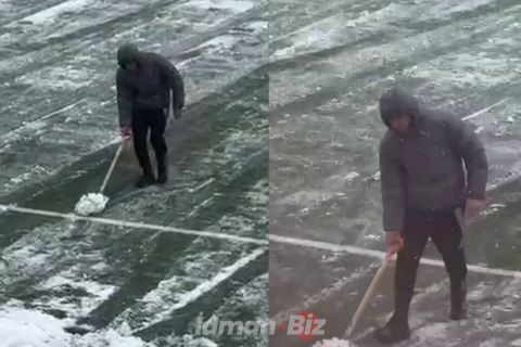 Qurban Qurbanov Şamaxıda stadionda qar təmizlədi - YENİLƏNİB + FOTO/VİDEO