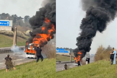 “Mançester Siti” azarkeşlərinin avtobusu yandı - VİDEO