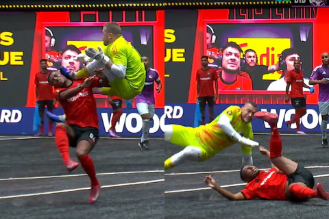 Braziliyada qapıçı açıq ayaqla rəqibinin başına zərbə endirdi - VİDEO