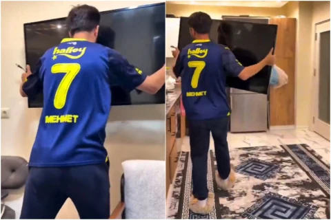 “Fənərbağça” azarkeşi qəzəbini televizordan çıxdı - VİDEO