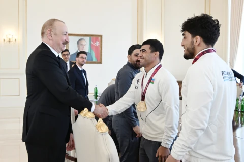 Prezident İlham Əliyev Avropa çempionatında komanda hesabında birinci olan güləşçiləri qəbul edib - FOTO